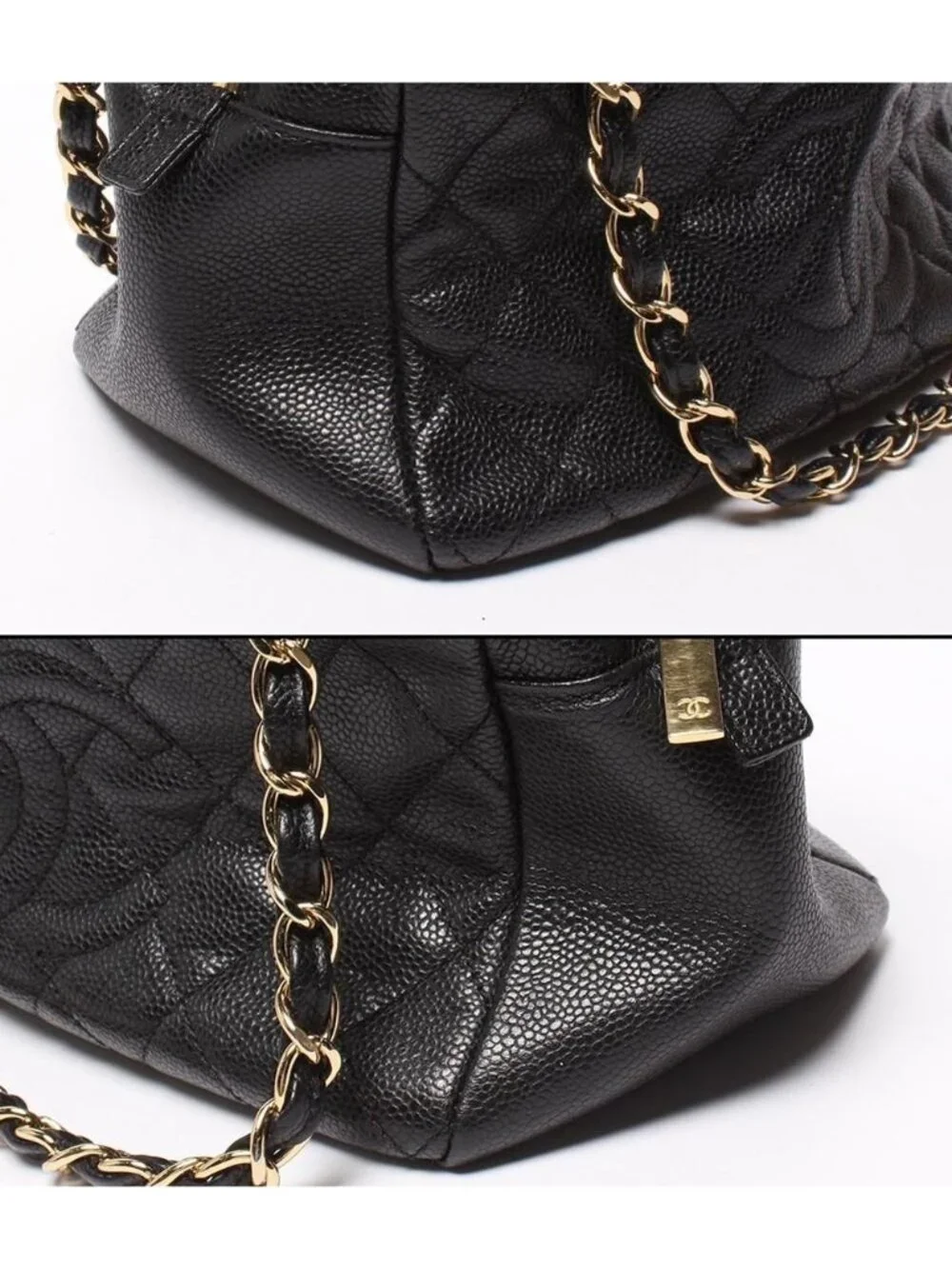 Chanel Chain Shoulder Bag Gold Quilted Caviar Leather Petit Timeless